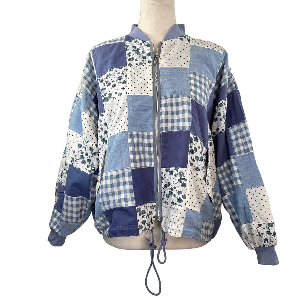 Patchwork Bomber Jacket by Tangibles Blue Cotton Florals Gingham